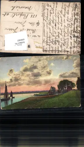 698405 Künstler AK Segelboot Boot See Wiese Landschaft