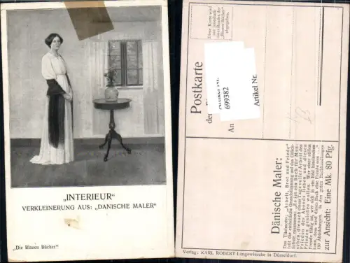 699382 Künstler AK Interieur Dänische Kunst Frau Die blauen Bücher