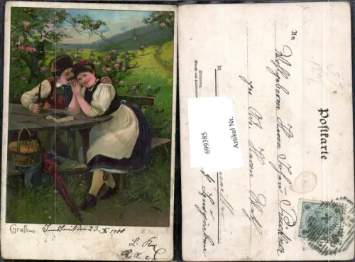 699385 Künstler AK Pfeife Mann Frau Liebe Trachten Lithographie