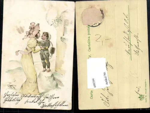 699394 Lithographie Frau Jugendstil Junge als Rauchfangkehrer Schornsteinfeger