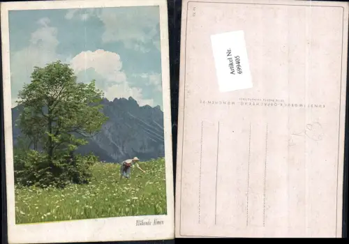 699405 Künstler AK Kunst im Druck Obpacher AG Alm Wiese Frau