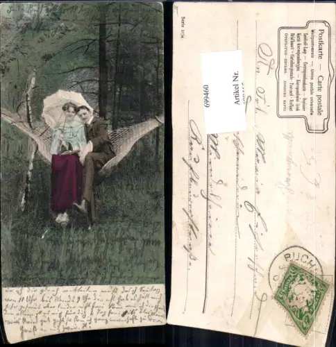 699460 Künstler AK Liebespaar Paar Hängematte Schirm Wald gel Mindelheim