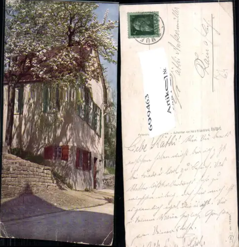 699463 Künstler AK Haus Baum Blütenbaum Dorf