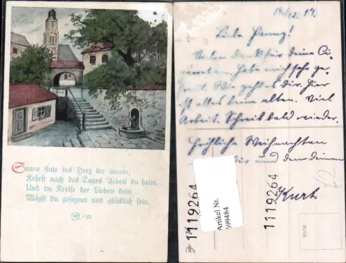 699484 Künstler AK Dorf Stiege Brunnen Kirche Spruch