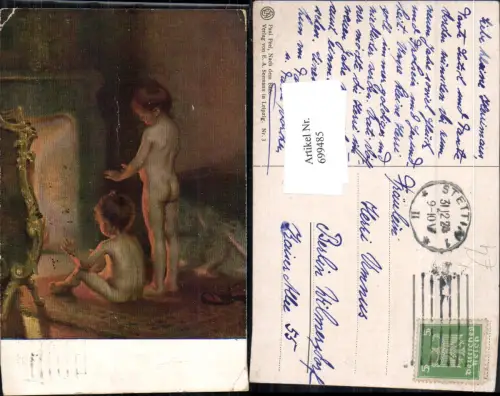 699485 Künstler AK Paul Peel Nach dem Bade Kinder am Feuer Stp. Stettin