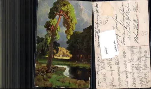 699531 Künstler AK Fridolin Alexander Jagd Hirsch Wald Bäume Teich