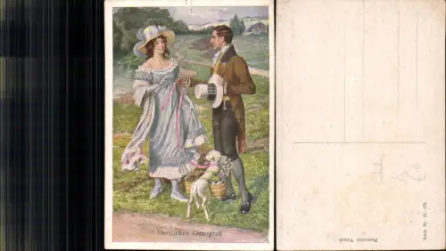 701285 Künstler AK H. Schubert Ostern Jugendstil Hund Frau Mann Mode