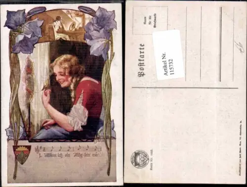 115732,Deutscher Schulverein 1053 Lenhart sign. Frau m. Vogel singvogel Spinnrad