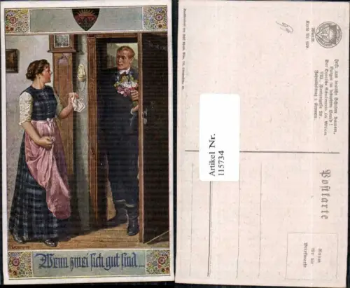 115734,Deutscher Schulverein 829 F. Kuderna Frau Schürze Tracht Mann Blumen