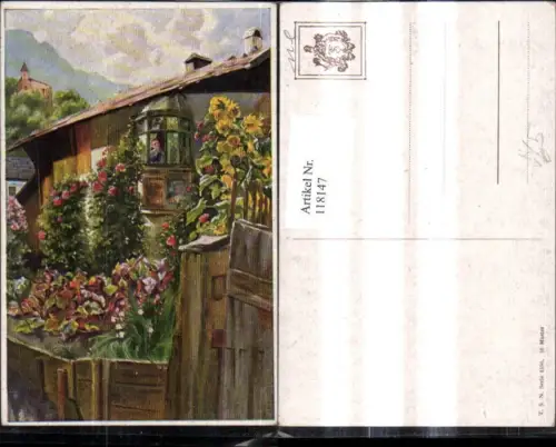118147,Theo Stroefer Verlag 1596 Künstler Ak Frau a. Fenster Blick Garten Blumen Rosen Sonnenblumen