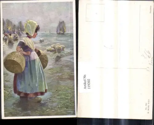 119202,M. Munk Vienne 701 R. A. Höger Mädchen m. Körbe Strand Segelschiff