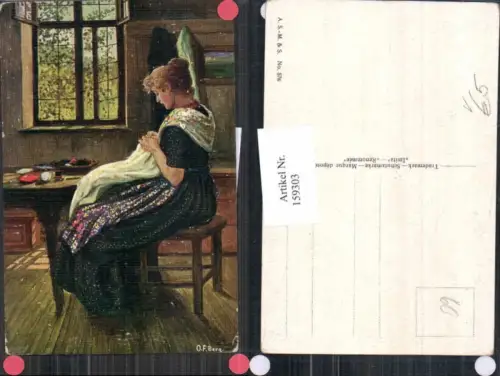 159303,A.S.M. Imita Ölgemälde Imitations Karte 576 O.F. Berg Frau näht in Stube