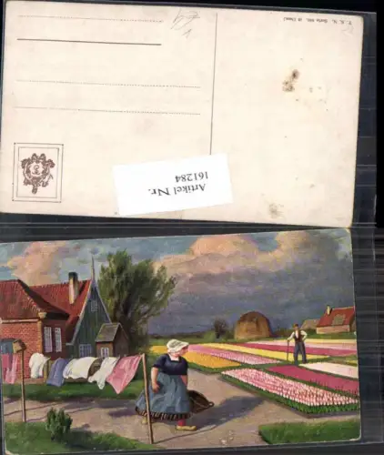 161284,Künstlerkarte Theo Stroefer 889 Wäsche Blumen Blumenfeld Holland