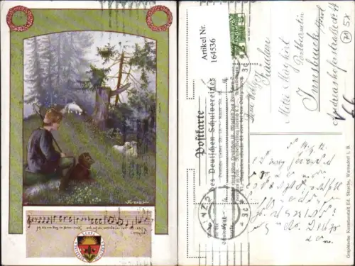 164536,Dt Schulverein 98 Deutsche Lieder Notenzeile Mann Hund Schafe sign F. Welzl
