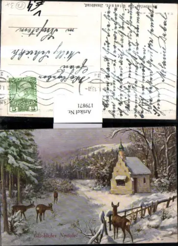 179871,Theo Stroefer Verlag 1296 Glückliches Neujahr Kirche Rehe Winterlandschaft