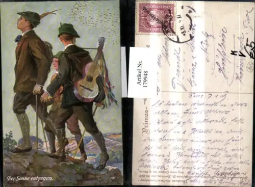 179948,Primus AK 3231 F. Amann Der Sonne entgegen Wanderer m. Hut Stock Gitarre
