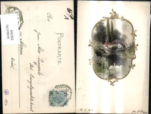 206368,Künstler Ak Meissner e Buch 1079 Präge Sonnige Zeiten Landschaft Schwäne Goldverzierung