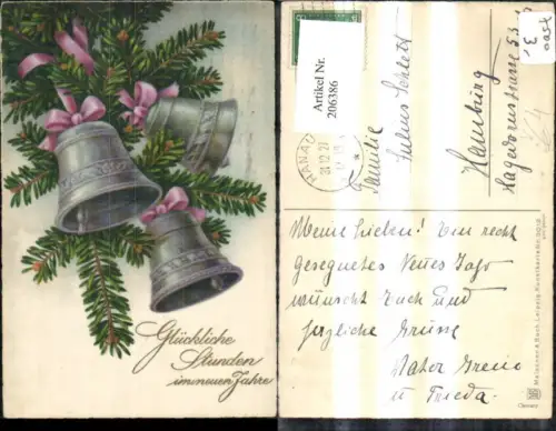 206386,Künstler Ak Meissner e Buch 3012 Glocken Tannenzweig Schleife Neujahr