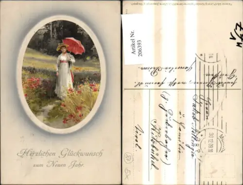 206393,Künstler Ak Meissner e Buch 1555 Spaziergang Präge Neujahr Frau m. Sonnenschirm Hut a. Feld