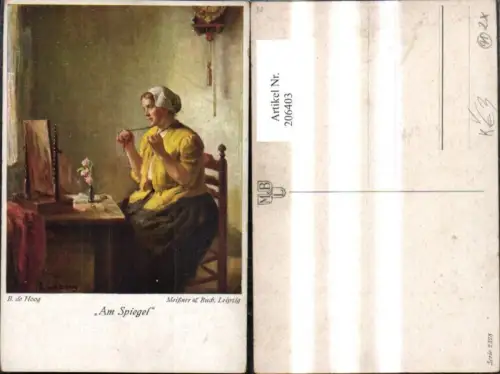 206403,Künstler Ak Meissner e Buch 2328 B. de Hoog Am Spiegel Frau a. Tisch Kette Blumen