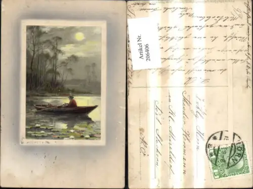 206406,Künstler Ak Meissner e Buch 1526 In d. Freien Natur Präge Ruderboot Mondschein See Seerosen