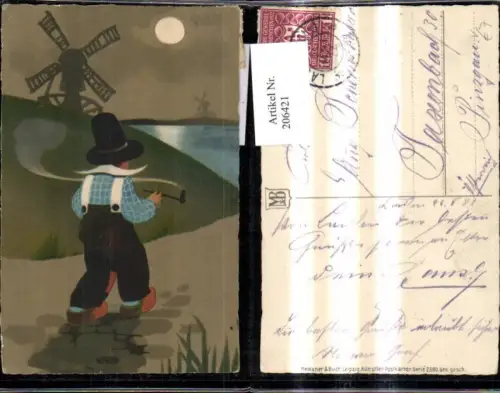 206421,Künstler Ak Meissner e Buch 2380 Mann m. Pfeife Windmühle b. Mondschein Flandern Holland