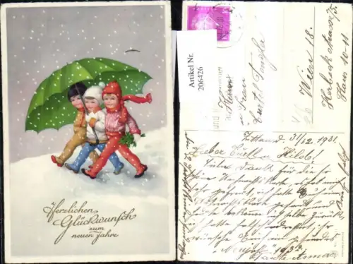 206426,Künstler Ak Meissner e Buch 3411 Kinder m. Regenschirm i. Schnee Neujahr