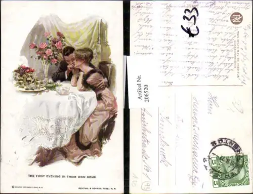 206520,Künstler AK „The first evening in their own home“ Liebespaar Liebe b. Frühstück Rosen pub Reinthal e Newma