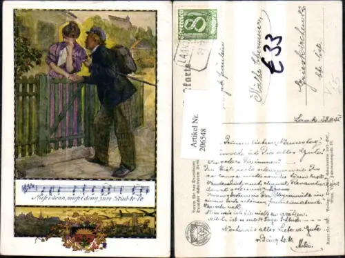 206548,Deutscher Schulverein 367 Frau weint Mann m. Rucksack u. Stock Liedzeile u. Text