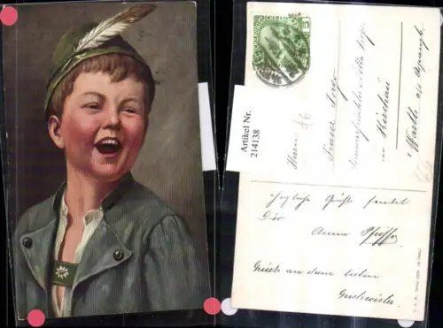 214138,Künstler AK Theo Stroefer Verlag 1279 Junge m. Hut Feder Tracht b. Lachen Portrait