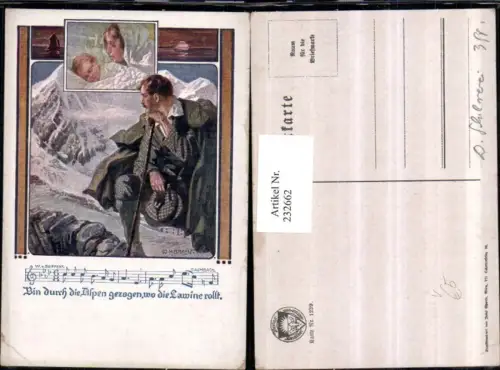 232662,Deutscher Schulverein 1239 Künstler W. H. Braun Mann m. Hut Stock Berge Frau m. Kind Lied