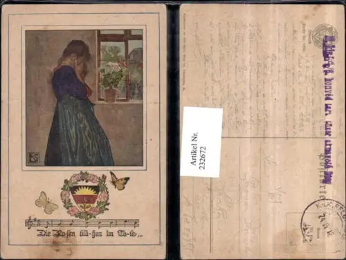 232672,Deutscher Schulverein 1065 Frau weint Fenster Schmetterlinge Lied Feldpost