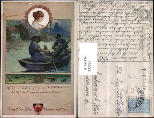 232681,Deutscher Schulverein 92 Männer im Ruderboot Gitarre Frau Portrait Harfe Krone Mehrbildkarte Lied