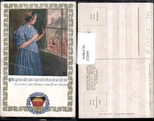232694,Deutscher Schulverein 370 Frau m. Kleid b.Fenster Soldaten m. Pferd Lied