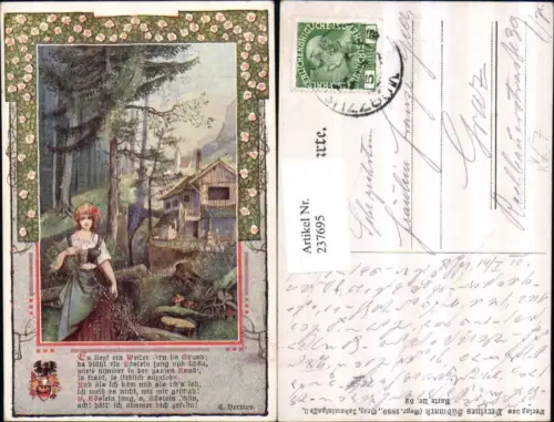 237695,Verein Südmark 52 Künstler T. Welzl Frau in Tracht Hütte Wald Text