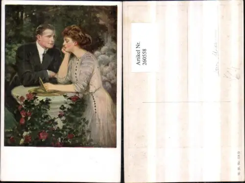 260558,M. Munk Vienne 834D Künstler Clarance F. Underwood Liebespaar Paar Tisch Sonnenuhr Rosenstrauch