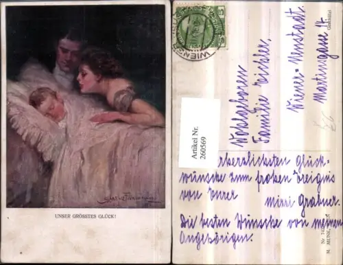 260569,M. Munk Vienne 742F Künstler Clarance F. Underwood Liebespaar Paar m. Kind schlafen schläft