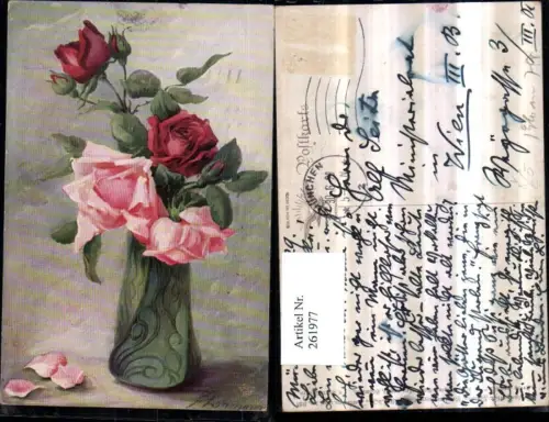 261977,Primus AK 881 Künstler F. Lohmann Blumenvase Rosen Knospen