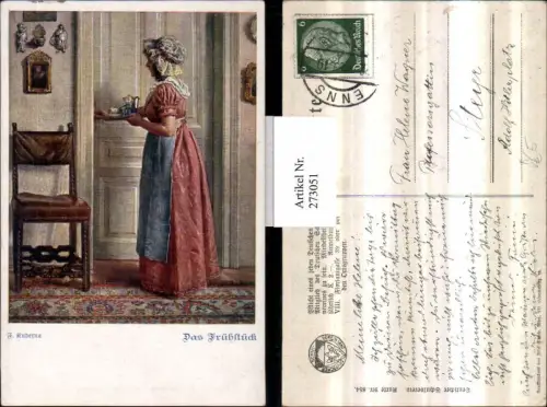 273051,Deutscher Schulverein 854 Künstler F. Kuderna Das Frühstück Frau Mädchen m. Kleid Schürze Tablett Tür