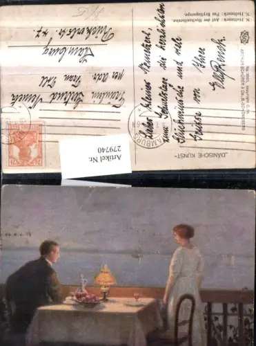 279740,Asco AK 3055 Künstler N. Holtmark Auf der Hochzeitsreise Liebespaar Balkon Tisch Lampe