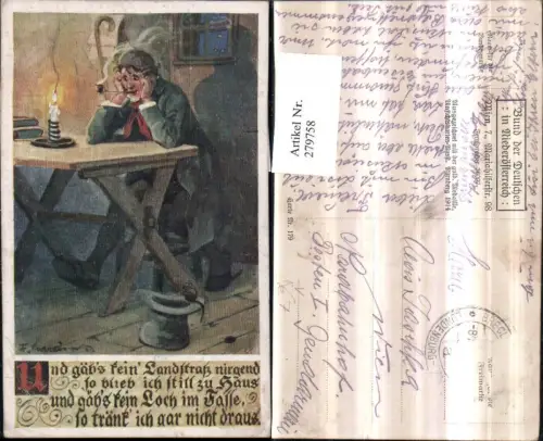 279758,Bund d. Deutschen i. Niederösterreich 179 Künstler F. Gareis Mann m. Pfeife Tisch Kerze Hut Maus Spruch Text