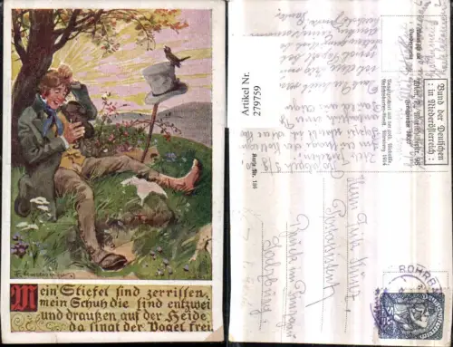 279759,Bund d. Deutschen i. Niederösterreich 186 Künstler F. Gareis Mann Stiefel Hut Vogel Spruch Text