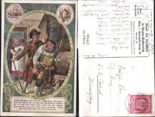 279760,Bund d. Deutschen i. Niederösterreich 176 Künstler F. Gareis Bin ein fahrender Gesell Märchen Fass Bier Hammer