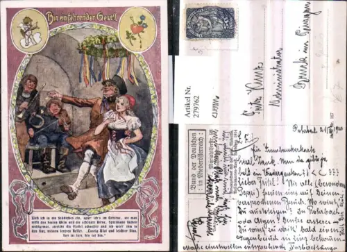 279762,Bund d. Deutschen i. Niederösterreich 187 Künstler F. Gareis Bin ein fahrender Gesell Märchen Geige Tracht Amo
