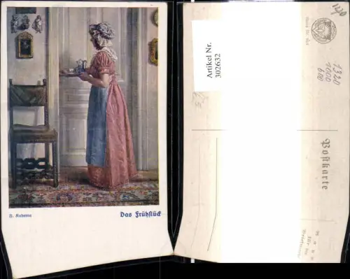 302632,Deutscher Schulverein 854 Künstler F. Kuderna Das Frühstück Frau Dienstmädchen m. Tablett a. Tür