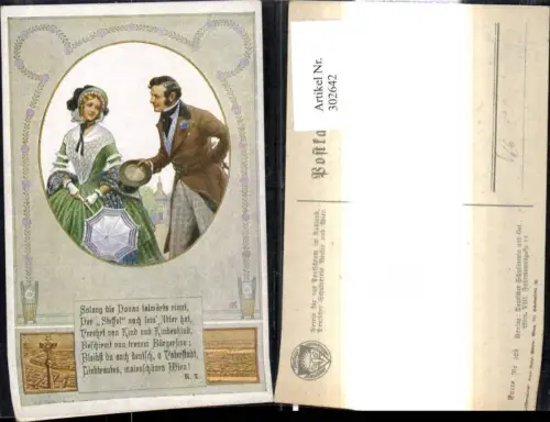 302642,Deutscher Schulverein 529 Künstler Ak Paar Mode Biedermeier Schirm Hut Wien Text