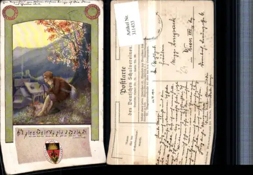 311433,Deutscher Schulverein 99euro20 Liedkarte Künstler T. Welzl Mann m. Rucksack Stock Liedzeile