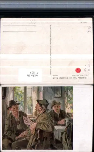 311635,Haus der Deutschen Kunst HDK 16 Künstler Hans Best Bauern Männer m. Hüten Bierkrug