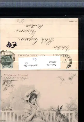 315562,M. Munk Vienne Künstler R. R. v. Wichera Ostern Frau m. Hut Schirm Hase Vögel