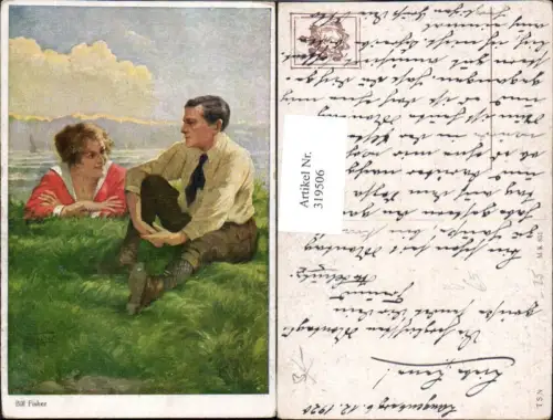 319506,Theo Stroefer Münchner Kunst 851 Bill Fisher Paar a. Ufer See Landschaft Segelboot